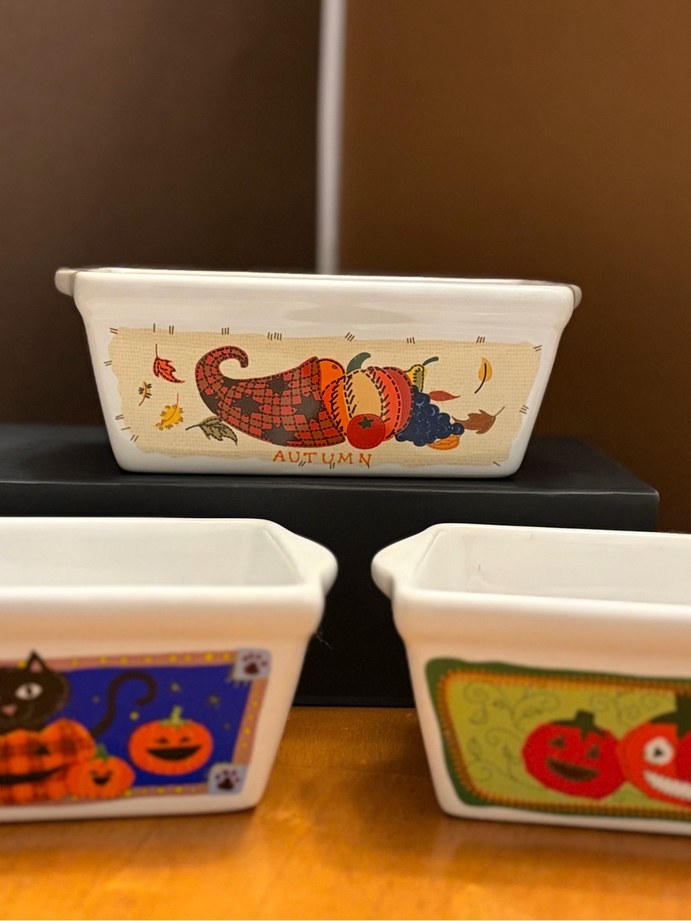 Lot of 3 Ceramic Mini Loaf Pans Halloween Cat Pumpkin Autumn Harvest Stoneware
